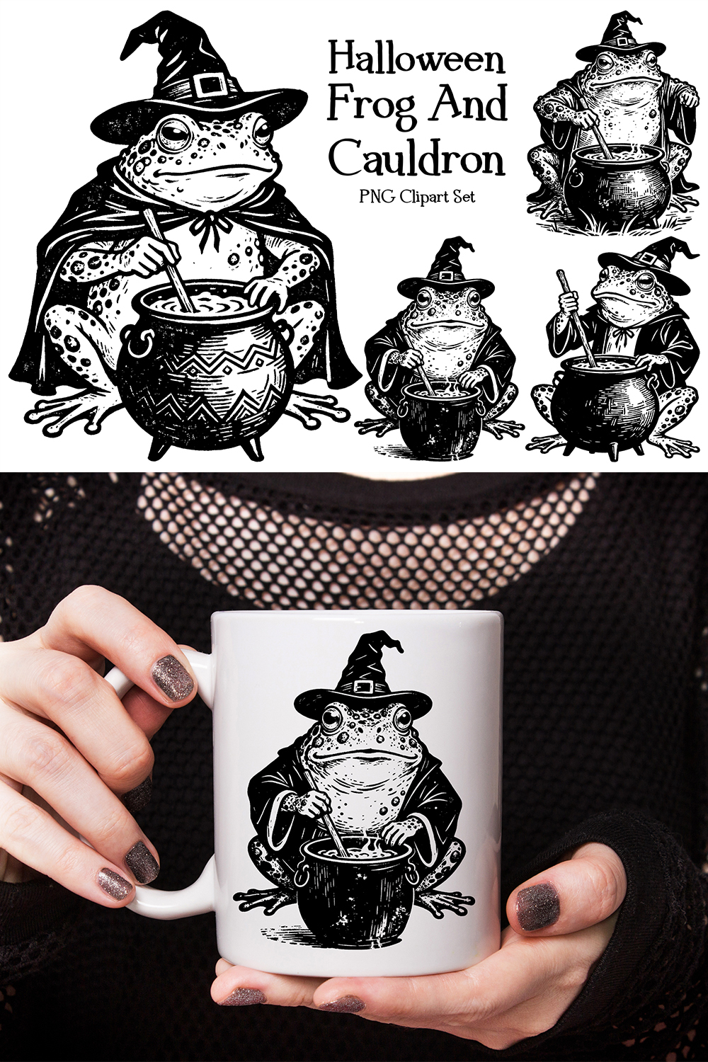 Frog Witch And Cauldron PNG Halloween Sublimation Set