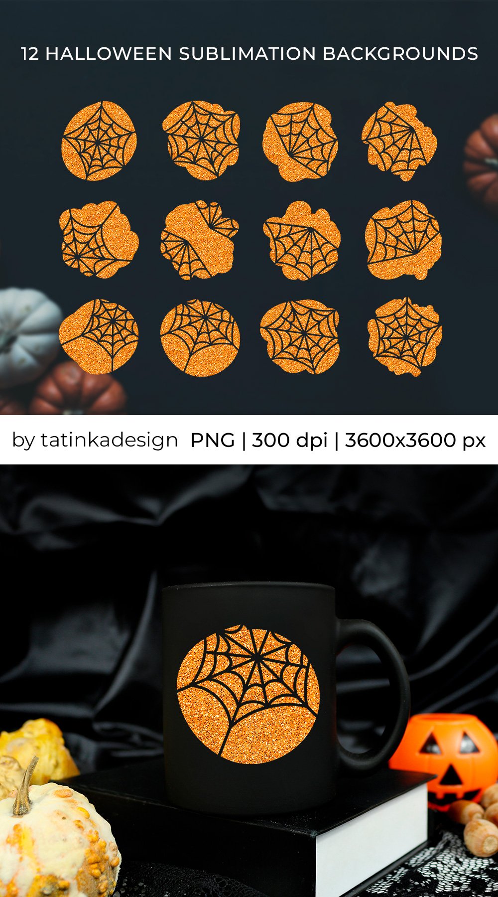 Halloween orange glitter sublimation background | Spider web