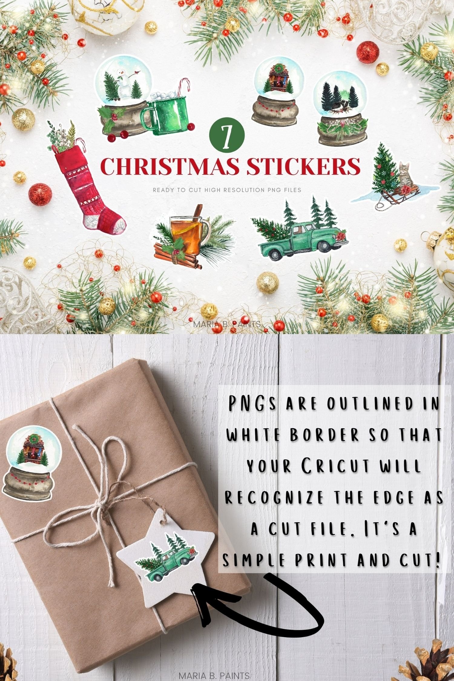 Christmas Stickers PNG Holiday Sticker Sheet Watercolor