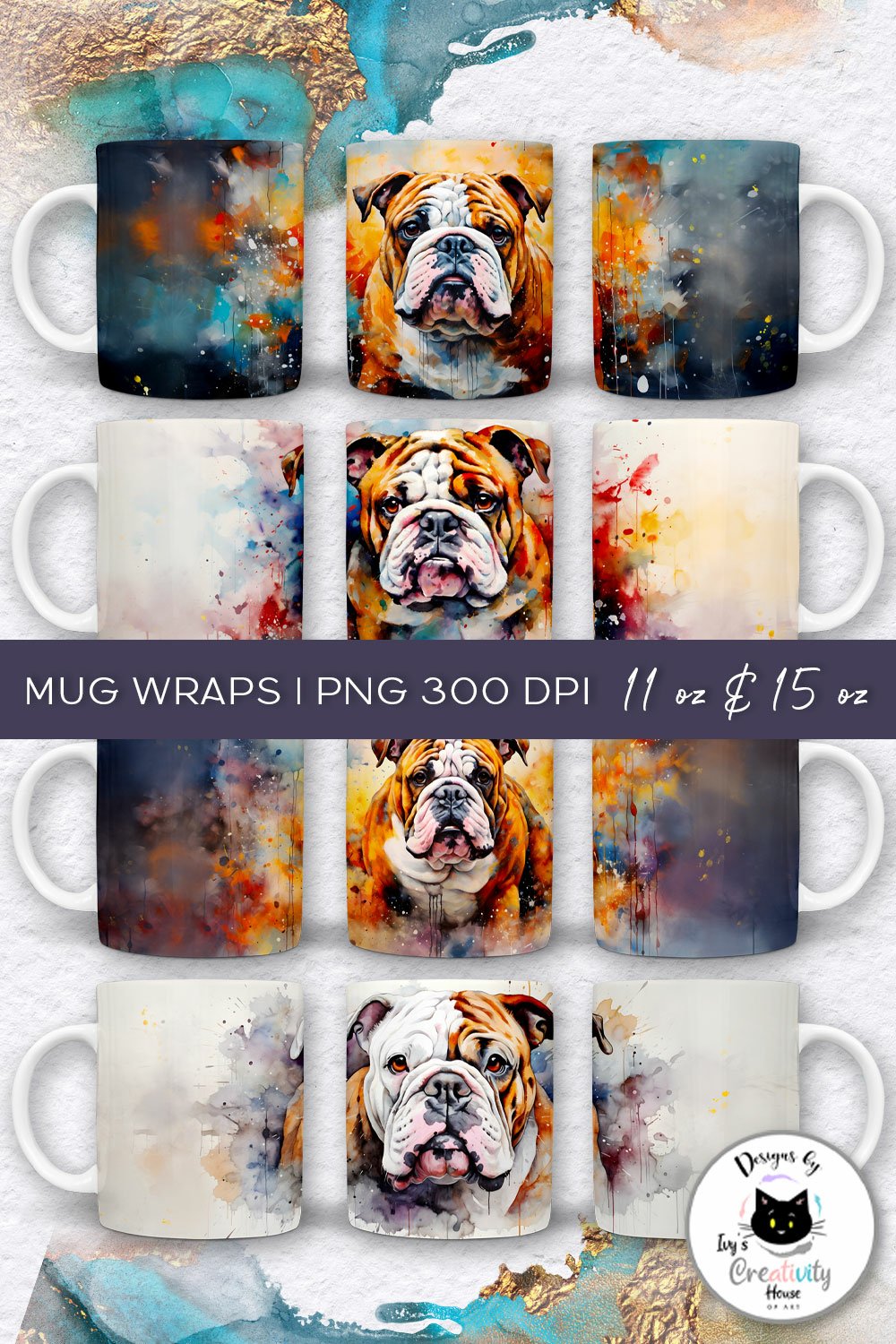 Bulldog Dog Mug Wraps Vol.15 | Watercolor Dog Breeds