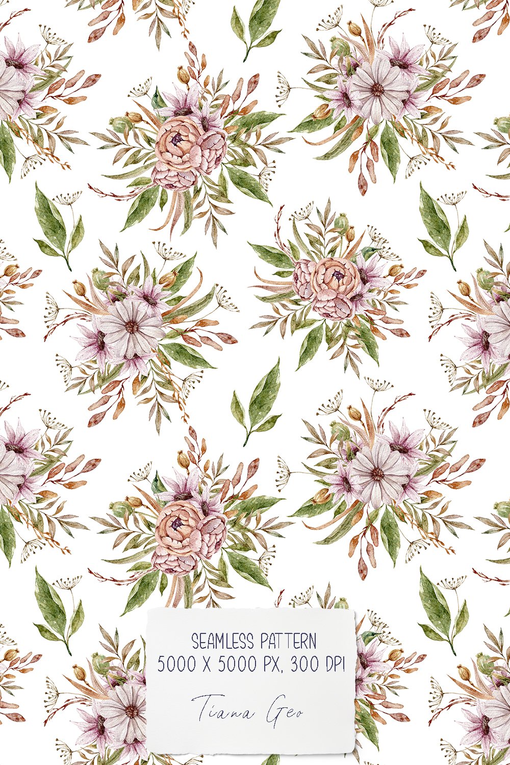 Watercolor boho floral seamless patterns / digital paper