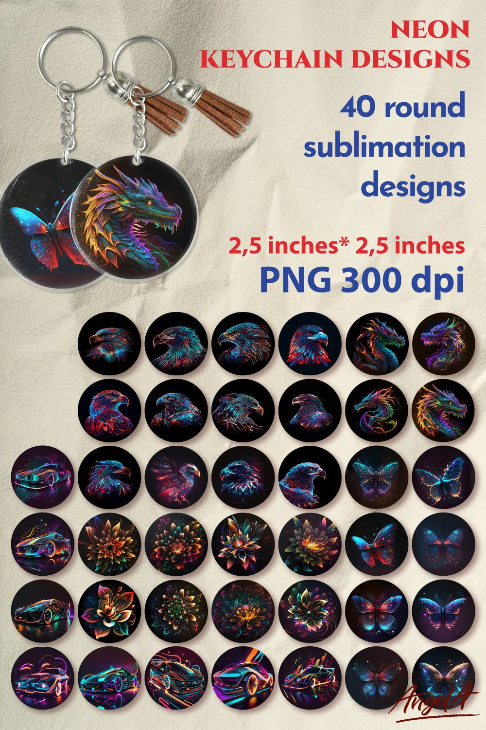 Neon keychain bundle sublimation / Neon png / Round keychain