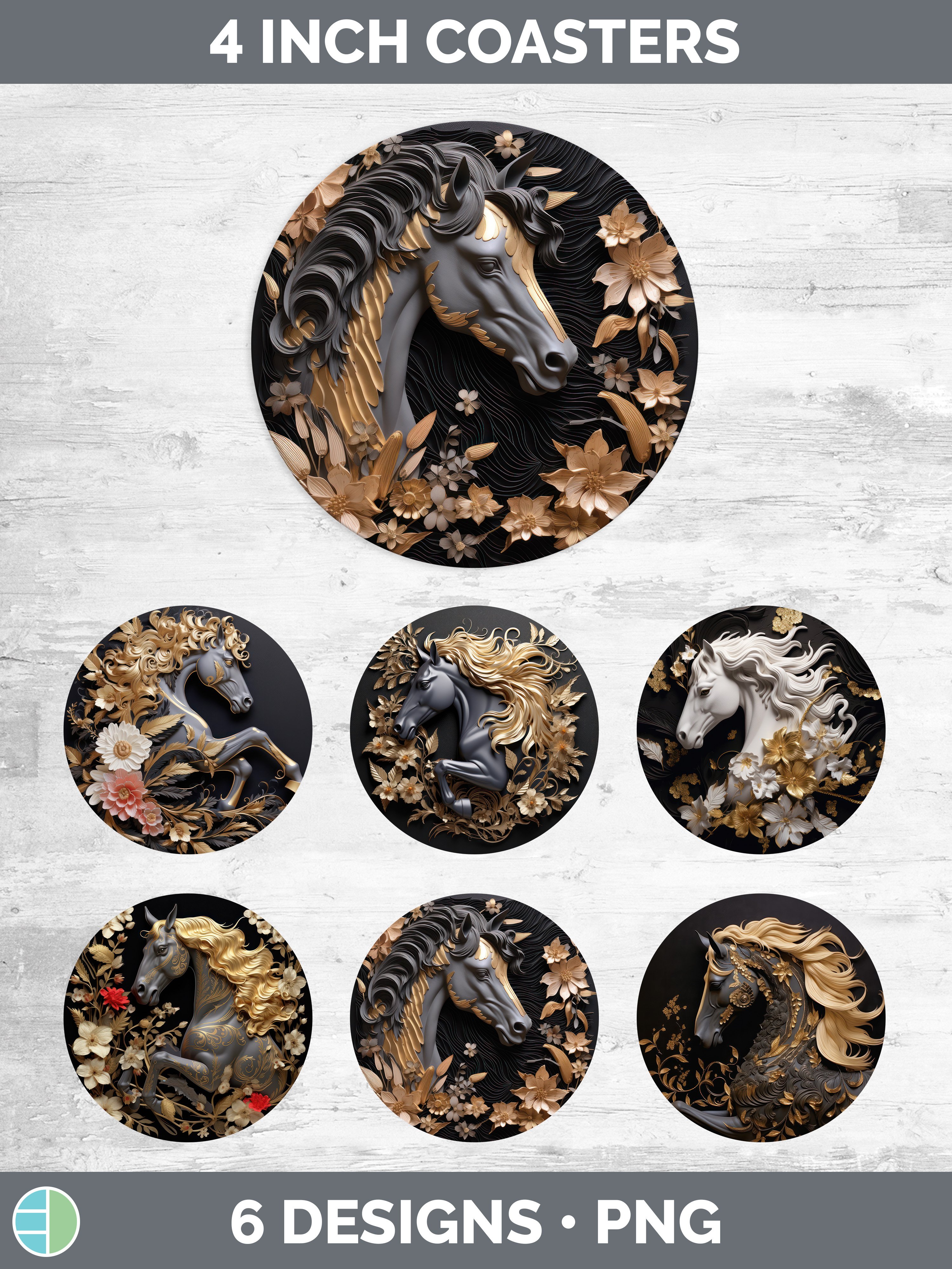 3D Black and Gold Horse Round Coaster Sublimation Coaster