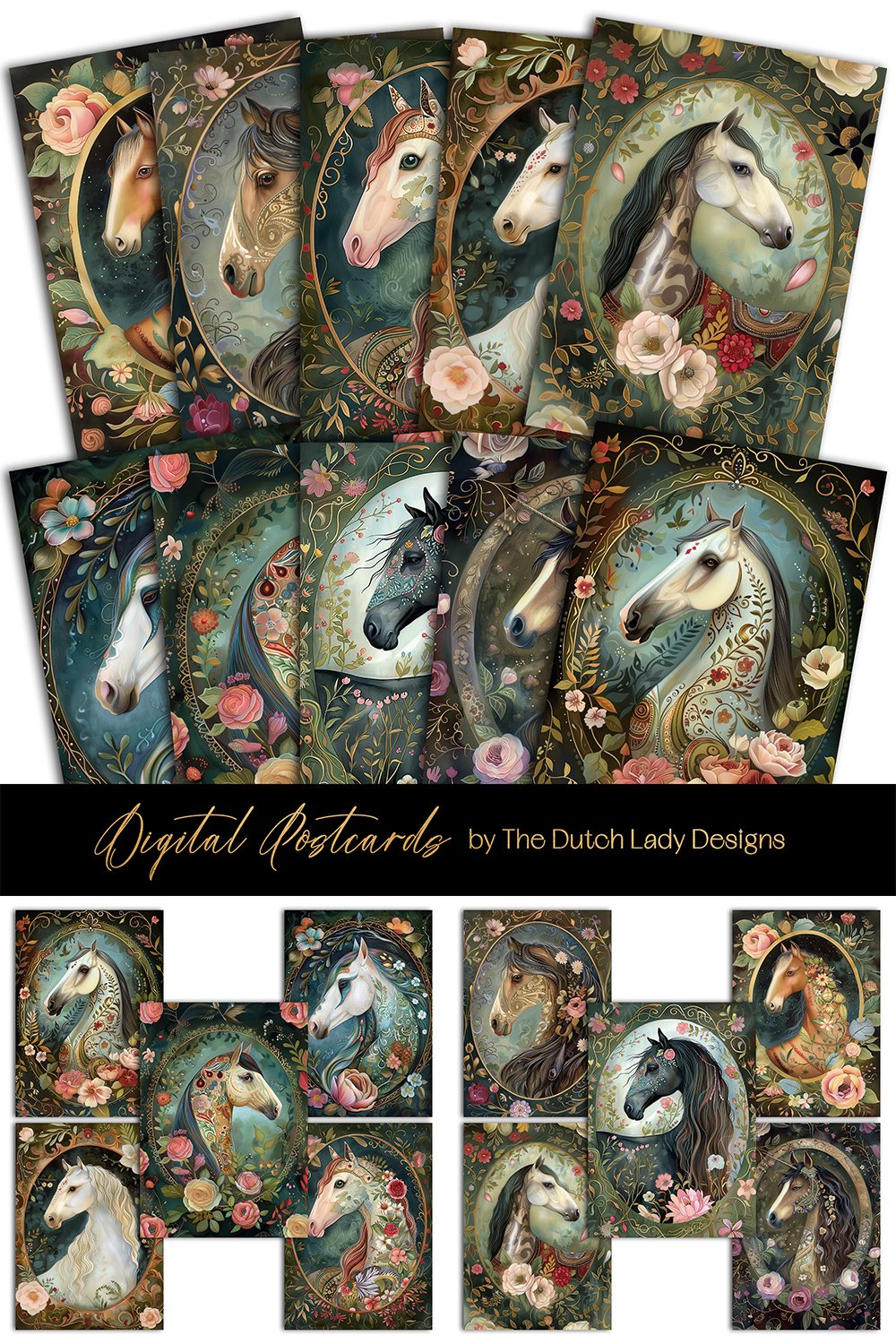 Floral Horse Portraits Postcard and Art Print Set