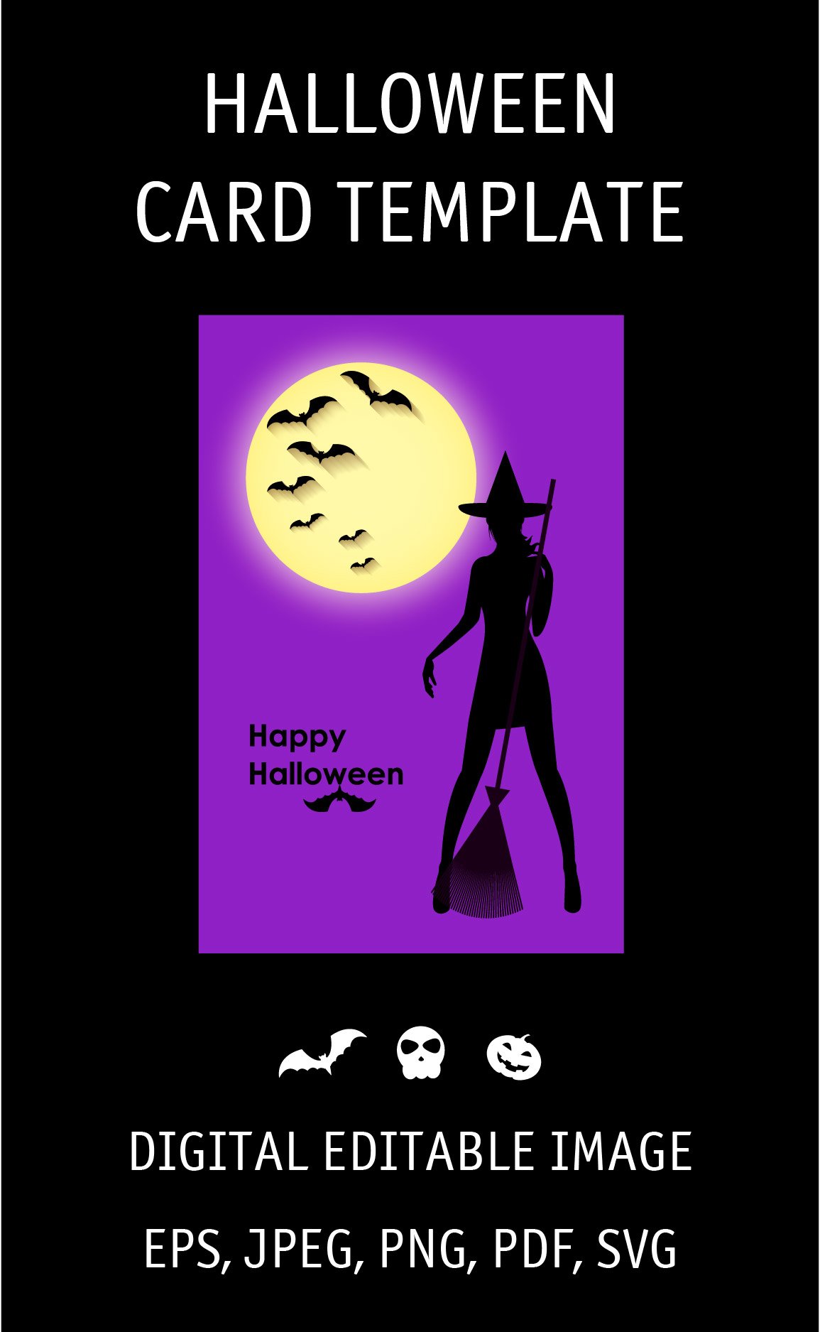 Halloween card. Witch with the broom. Digital (839027)