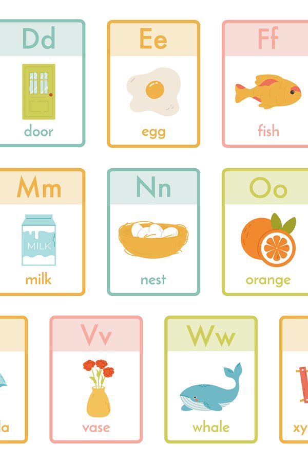 Alphabet kids cards. Kindergarten abc learning, children edu