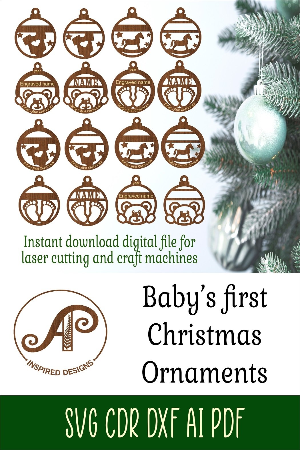 Baby's first Christmas Ornaments, 4 cute designs SVG laser