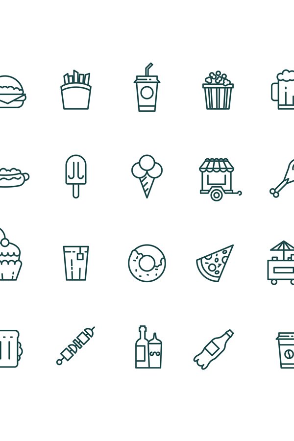 Fast food and snack thin line vector icons set