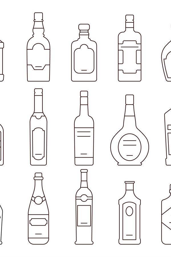 Alcohol drink bottles types of vector icons set