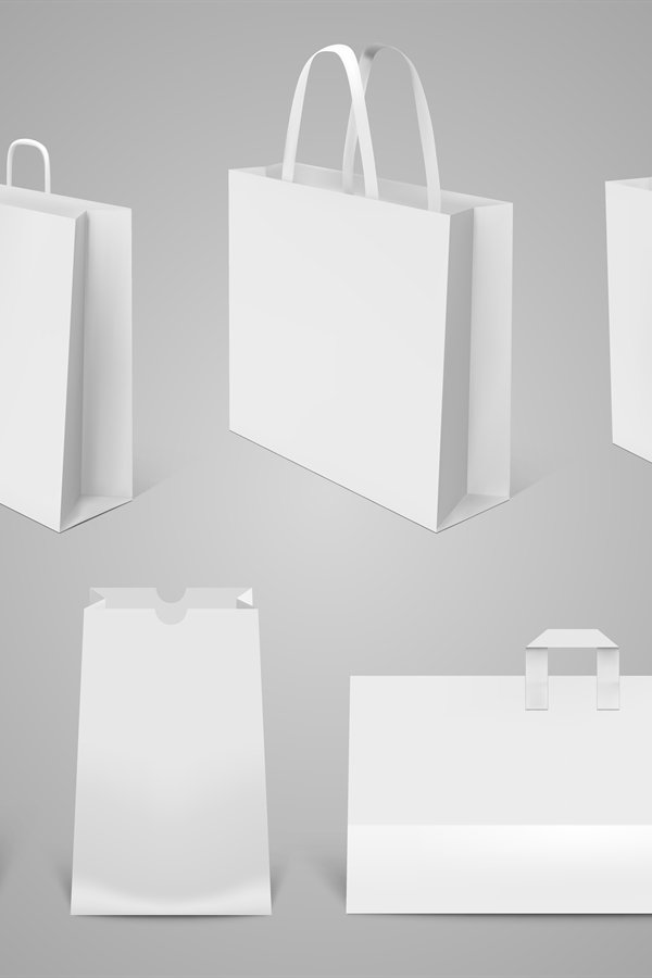 Realistic shopping bag. White paper empty bags, 3d modern