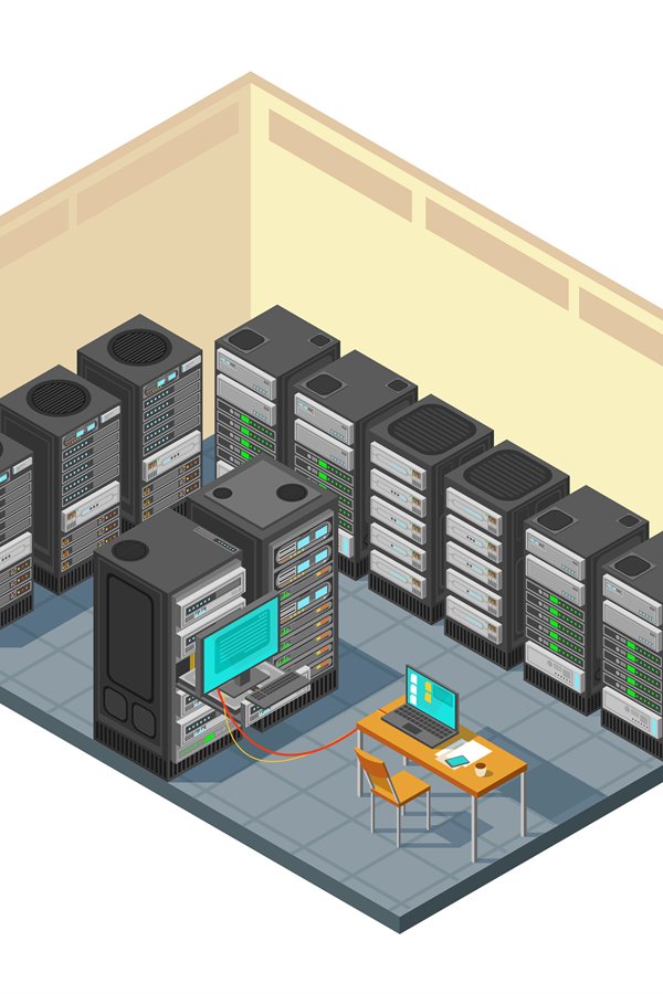 Isometric network server room with row of computer equipment