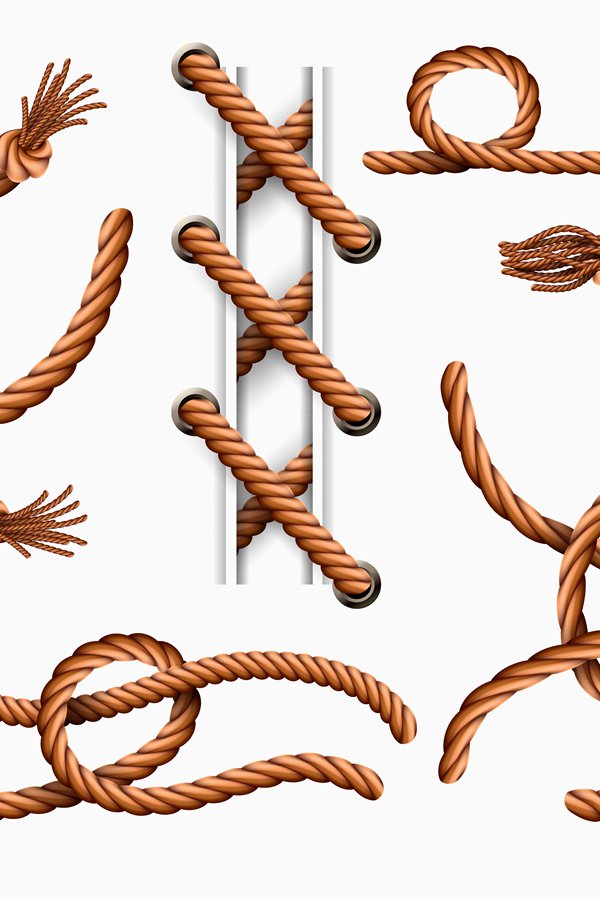 Realistic rope elements. Curved sailor jute ropes with loops