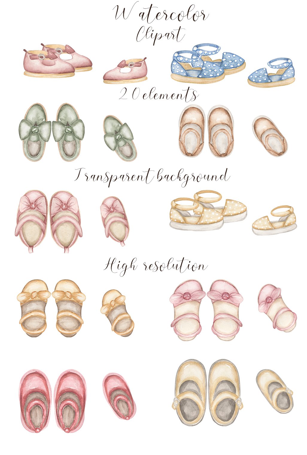 Watercolor Kids shoes clipart set Bundle