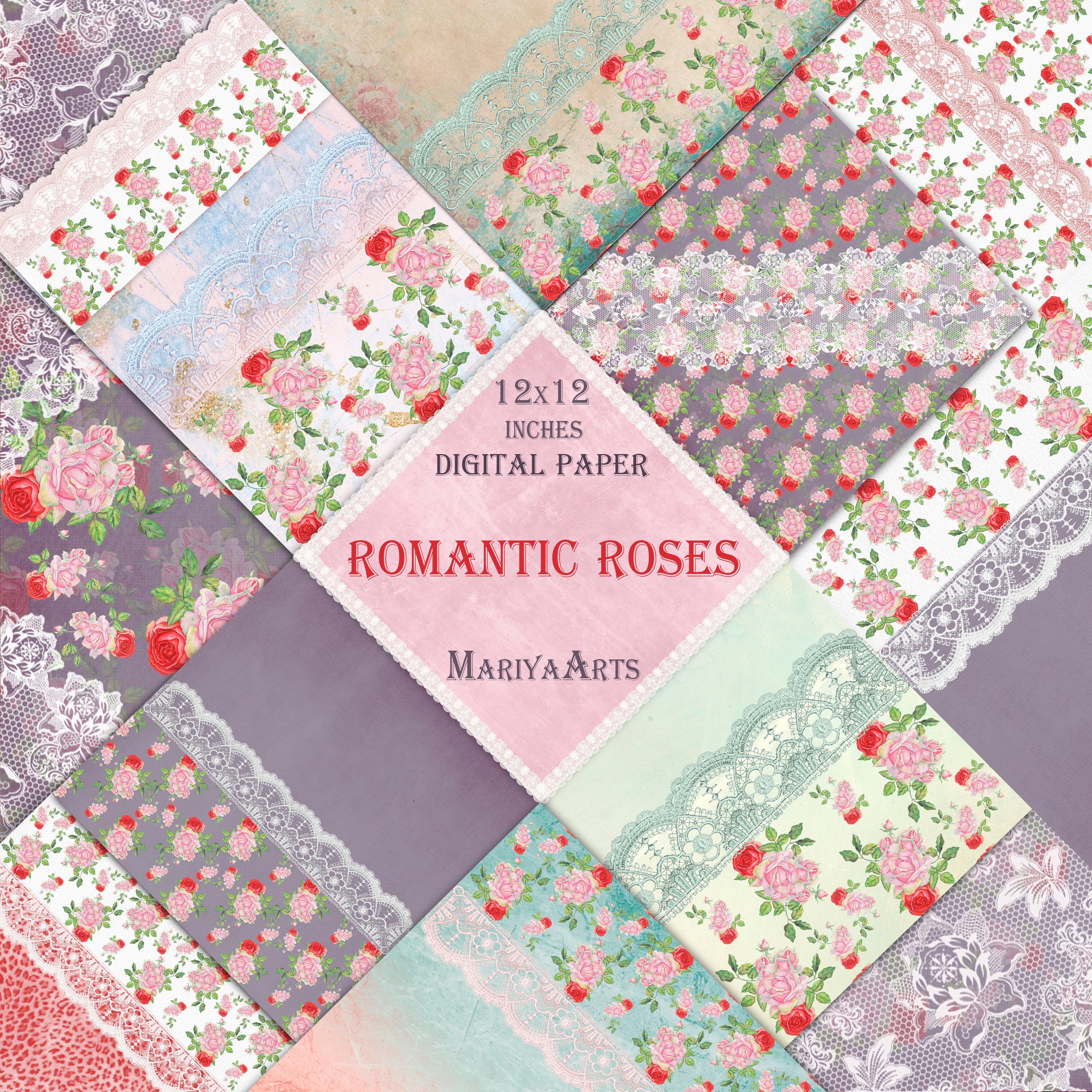 Digital Paper Pack Background Romantic Roses Lace Watercolor