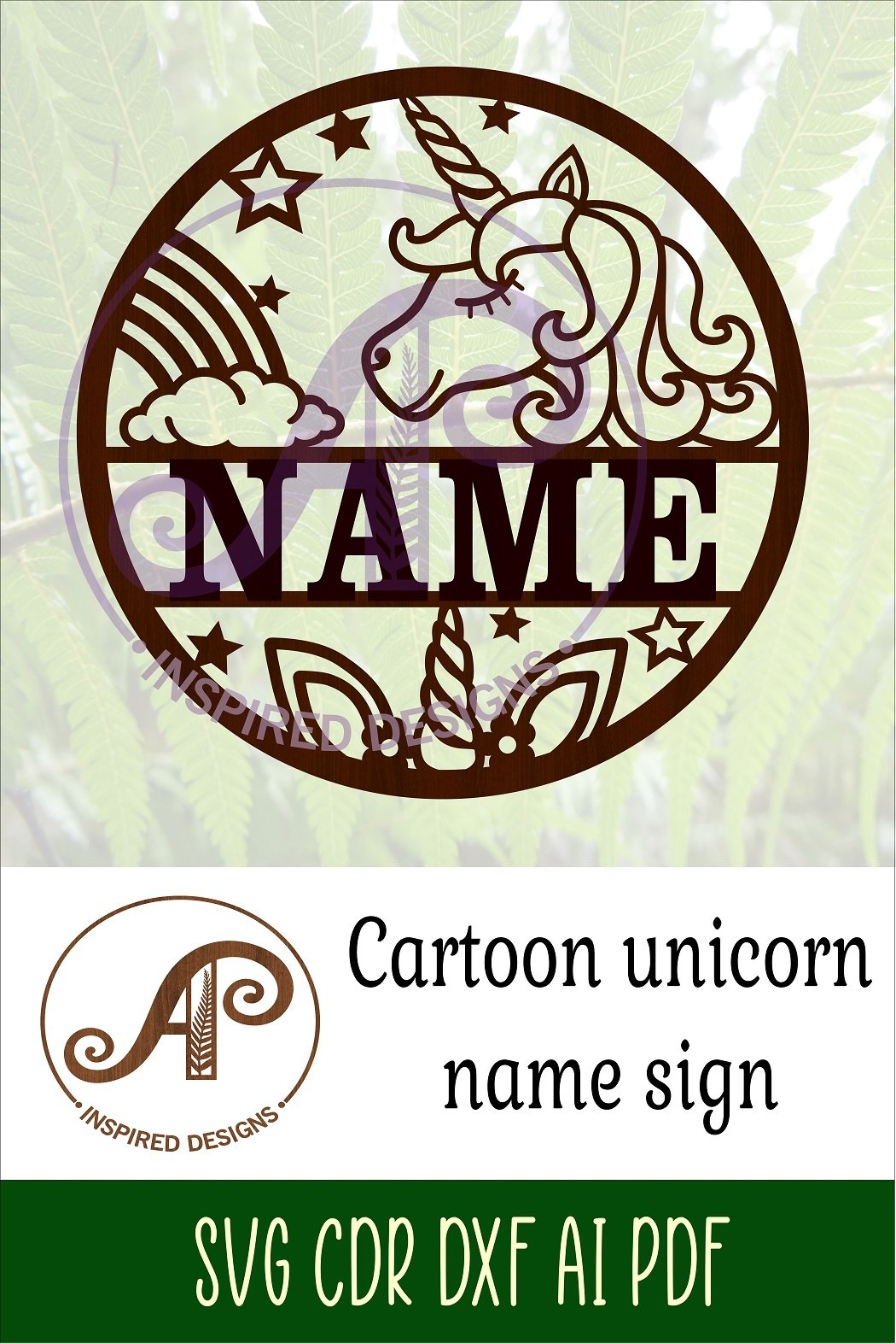 Cartoon unicorn name sign svg laser cut template