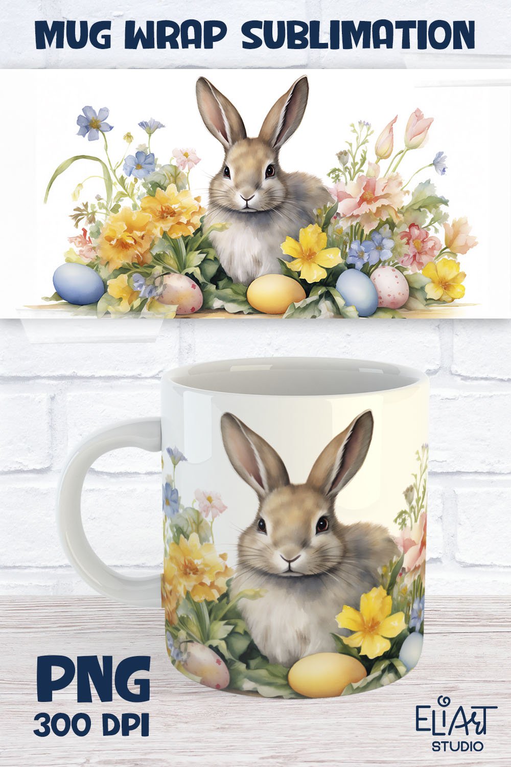 Floral Bunny Mug Wrap | Easter Eggs PNG Floral Mug Design