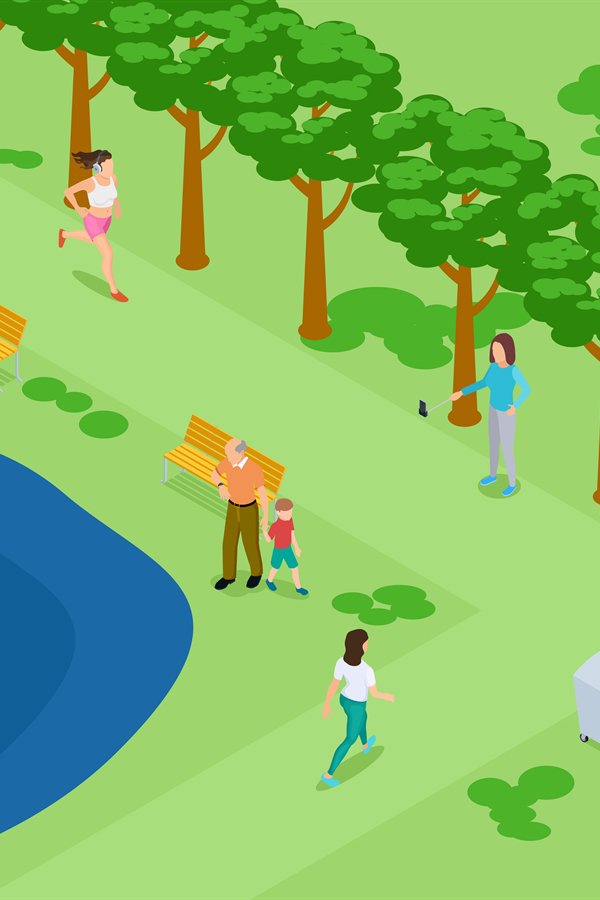 People relaxing and running in the park isometric vector bac