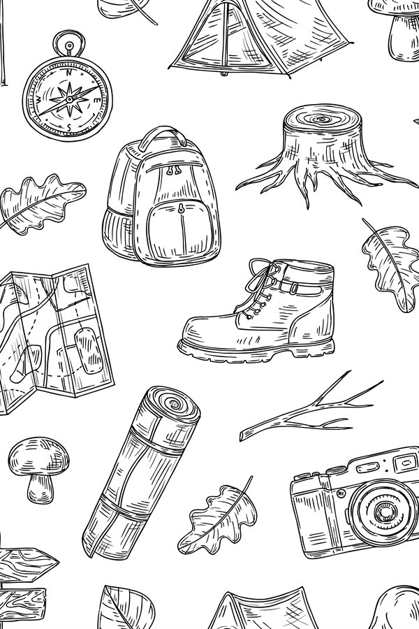 Camp. Local Pattern Camping pattern. Hiking, family camp in natural wood. Scout