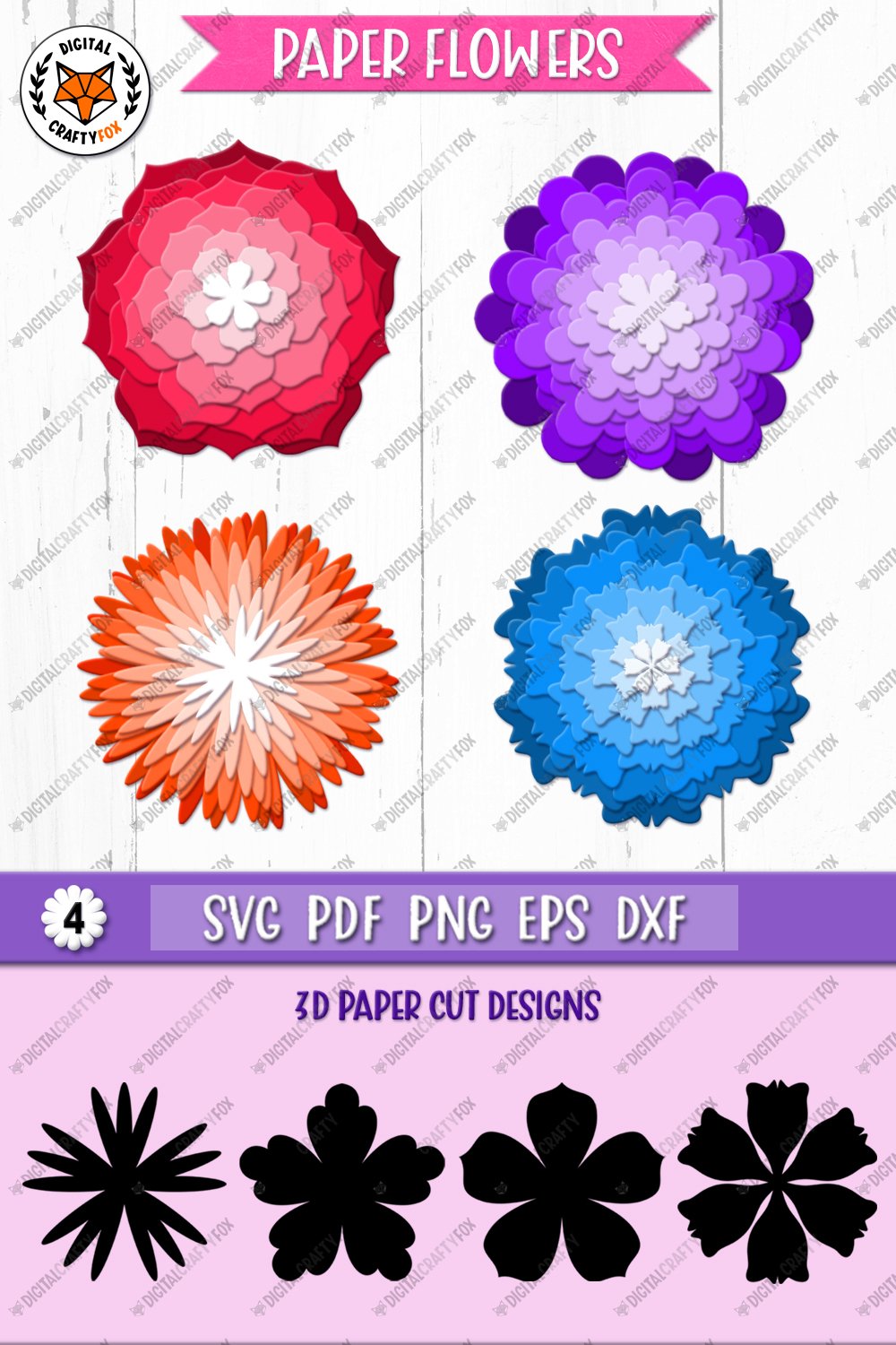 3D Paper Flowers SVG, Flowers Silhouette SVG