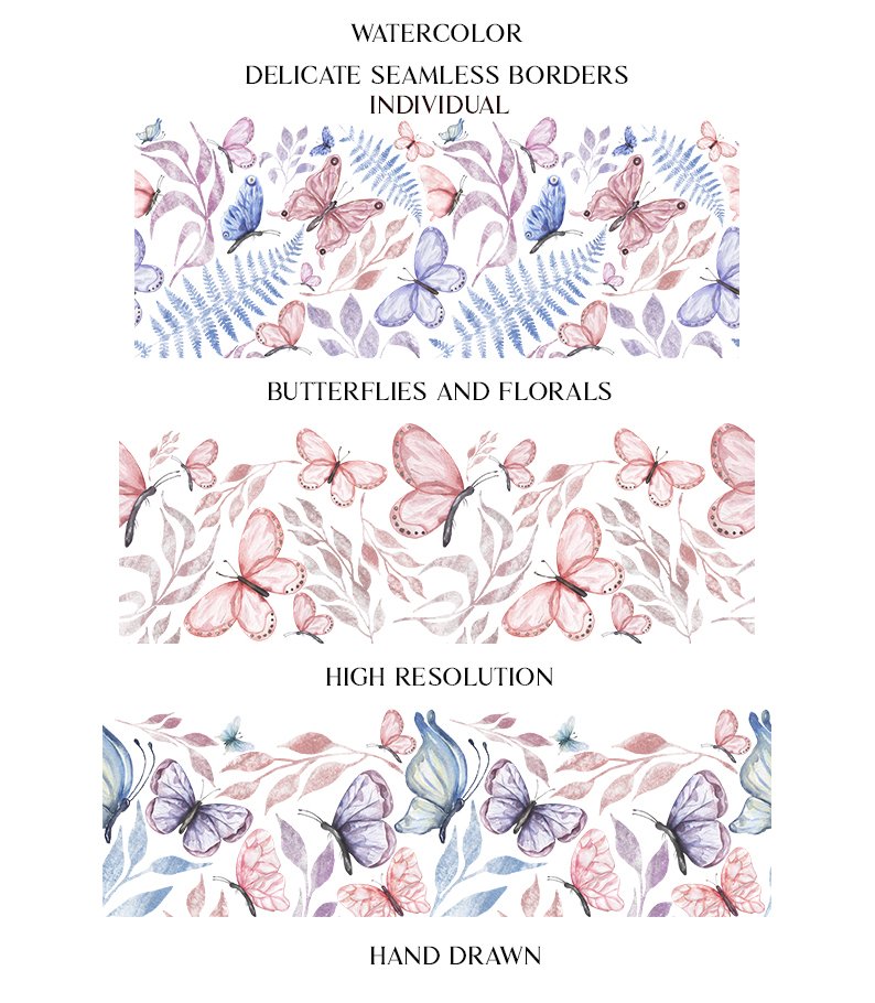 Watercolor Butterfly Seamless Border set