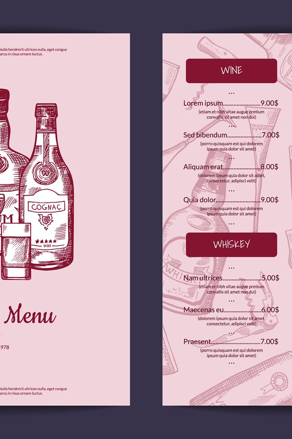 Vector drinks menu template for bar, cafe or restaurant
