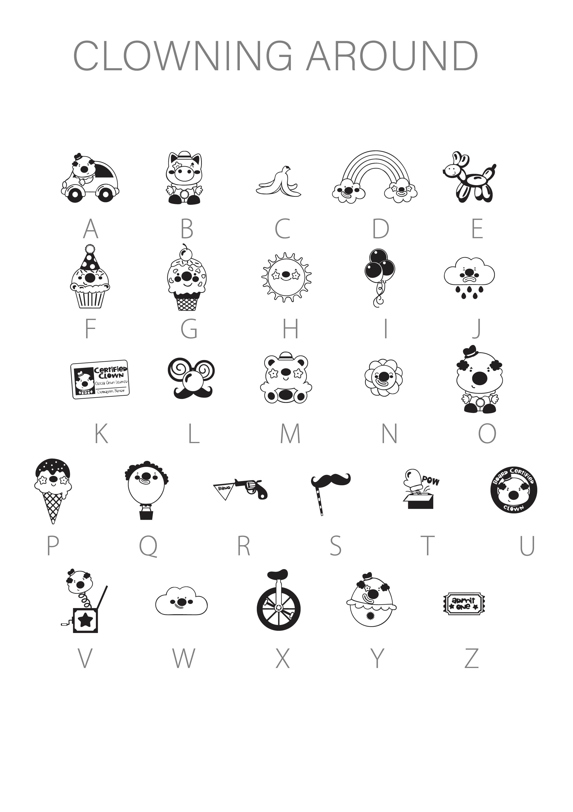 Clowning Around Dingbat Font with 26 clown images.