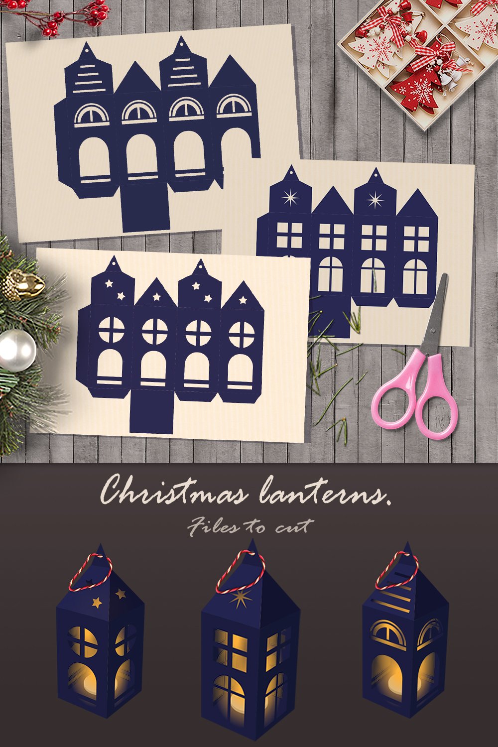 Christmas lanterns-houses. Template for crafts.