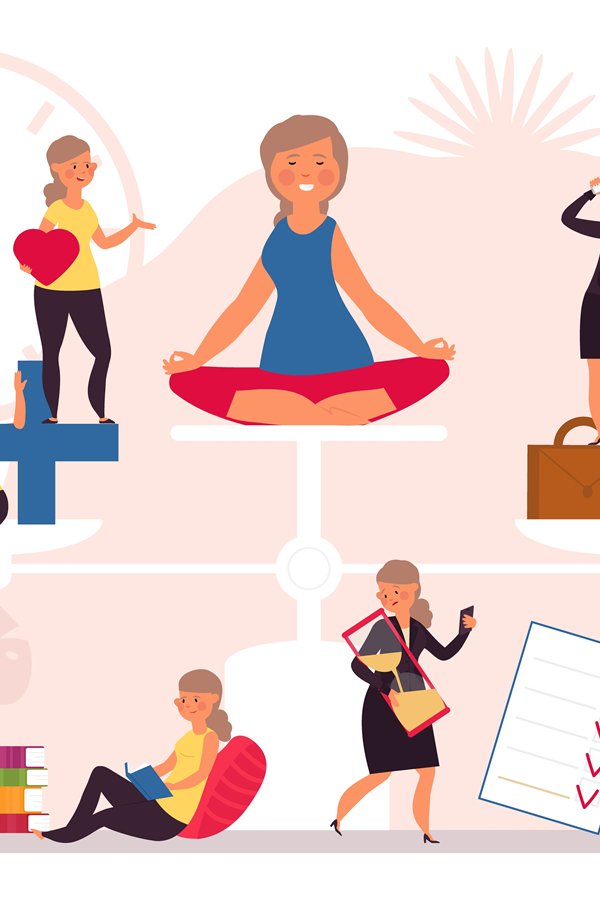 Life balance. Health work equality, women hard working. Woma