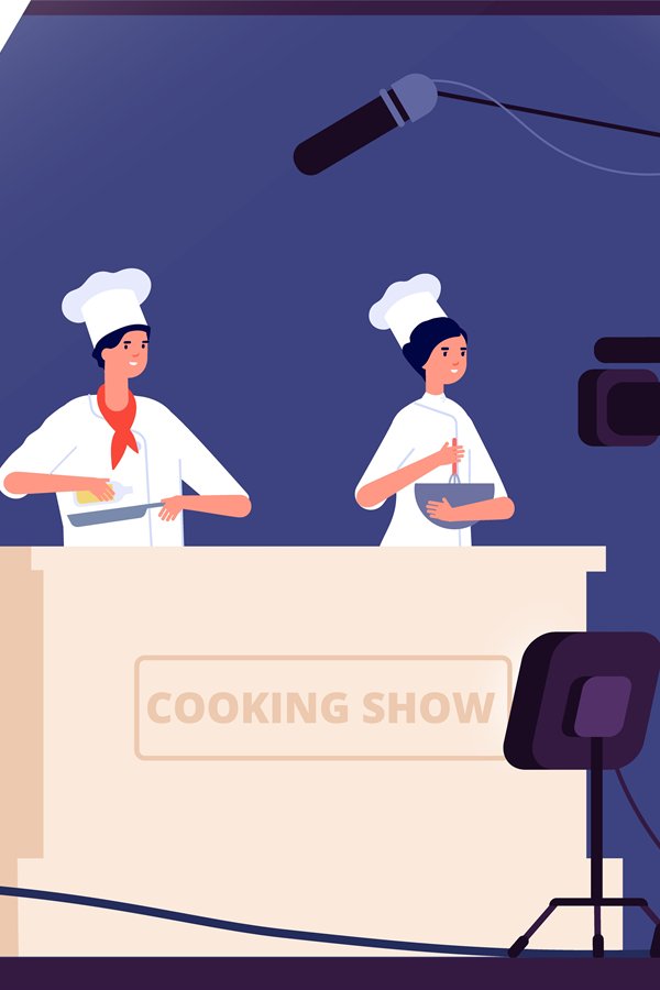Cooking show. Chef live tv entertainment. People in uniform
