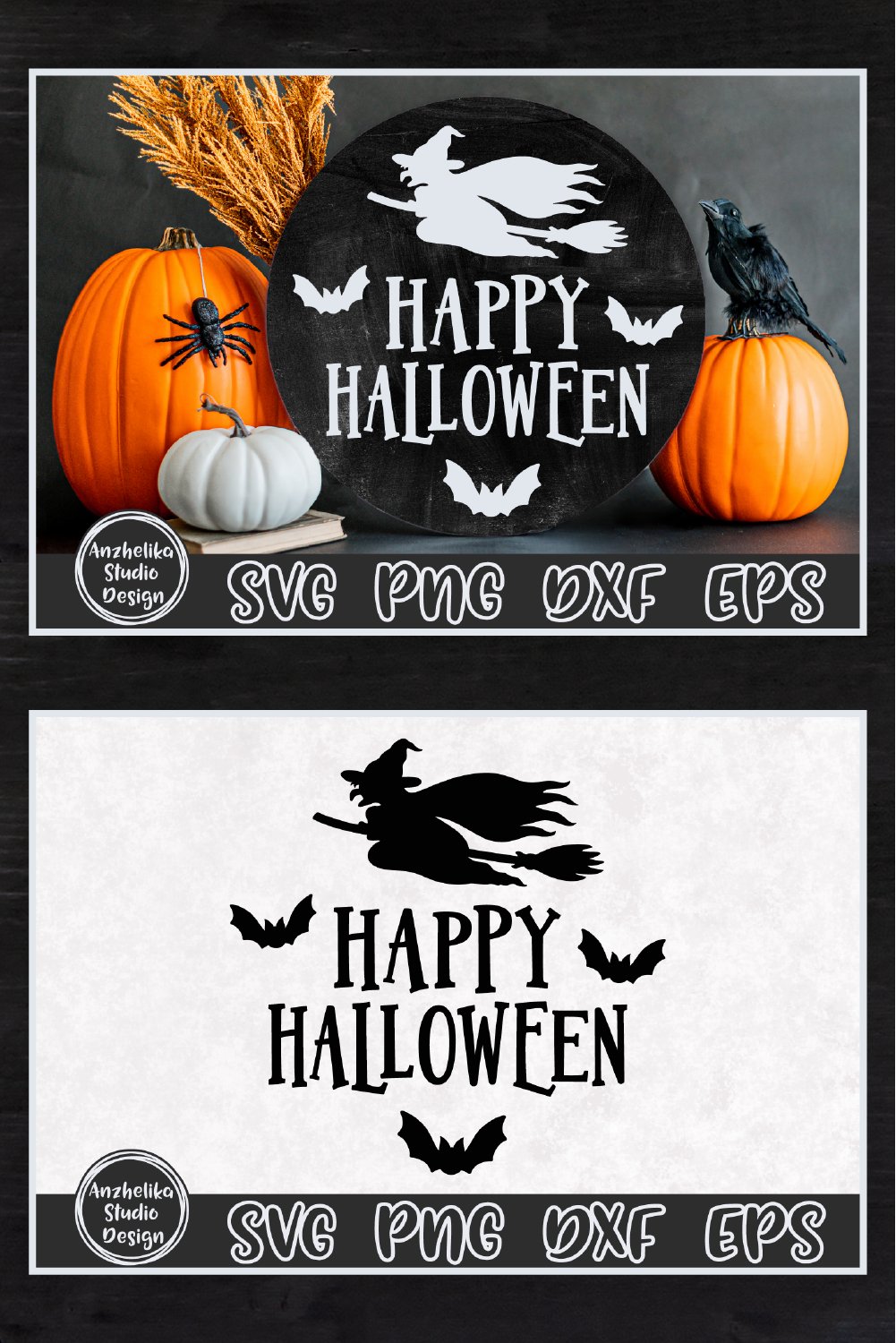 Happy Halloween Witch SVG | Round Halloween Sign SVG | Bats