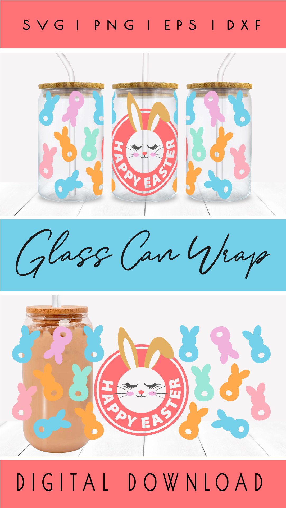 Bunny Face Easter Can Glass Wrap 16 oz Glass Can Svg