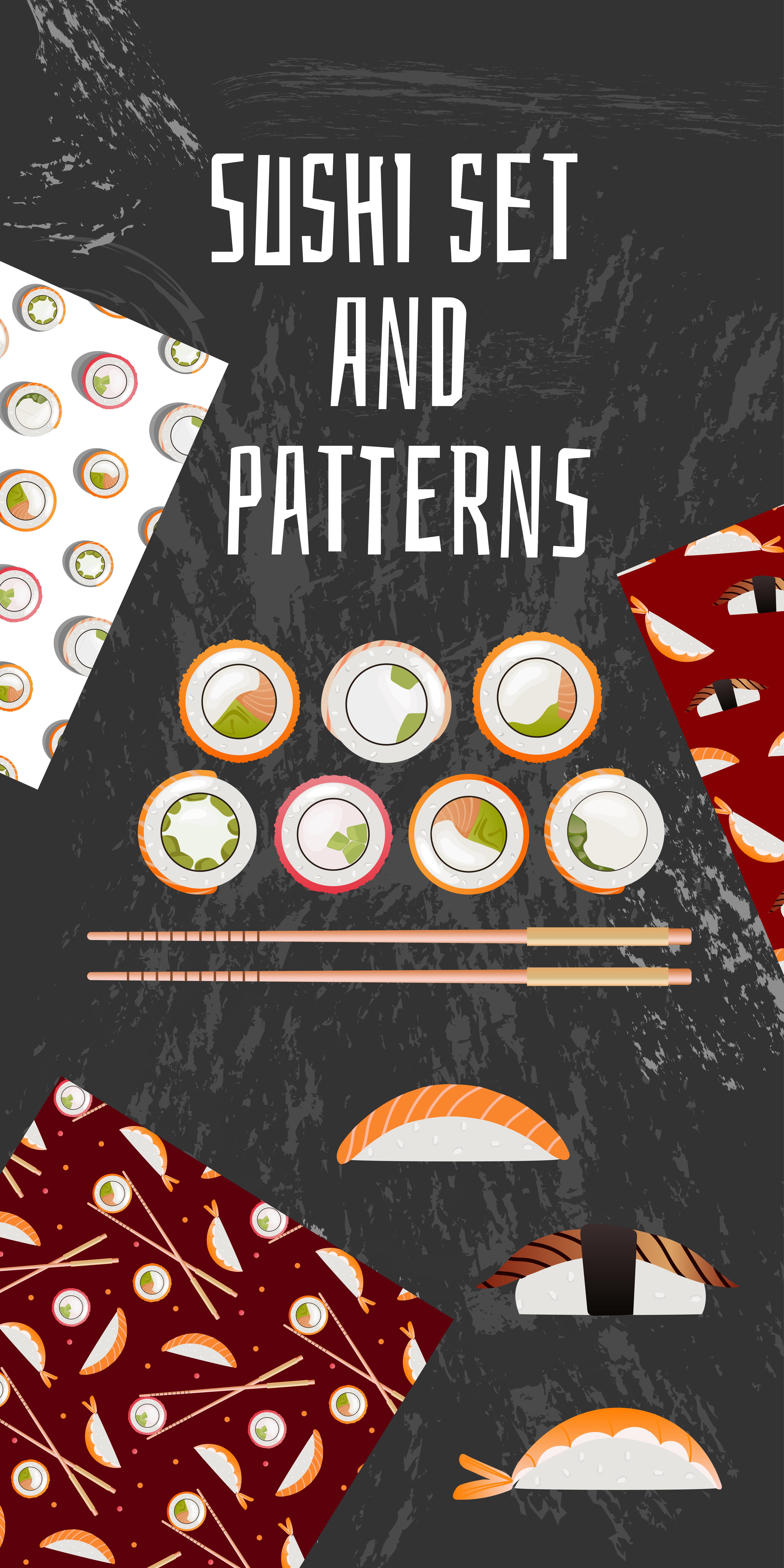 Sushi set and 3 seamless patterns