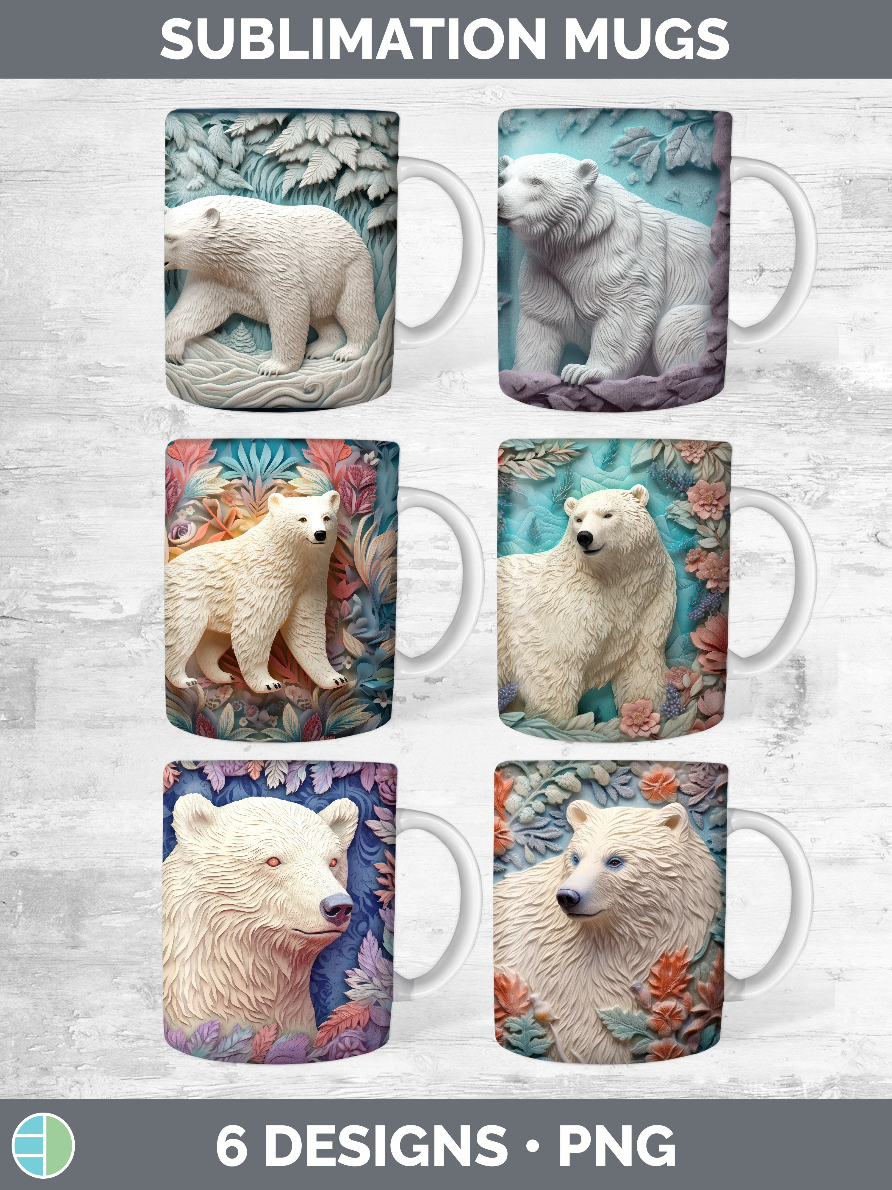 3D Polar Bear Mug Wrap | Sublimation Coffee Cup Designs Bund