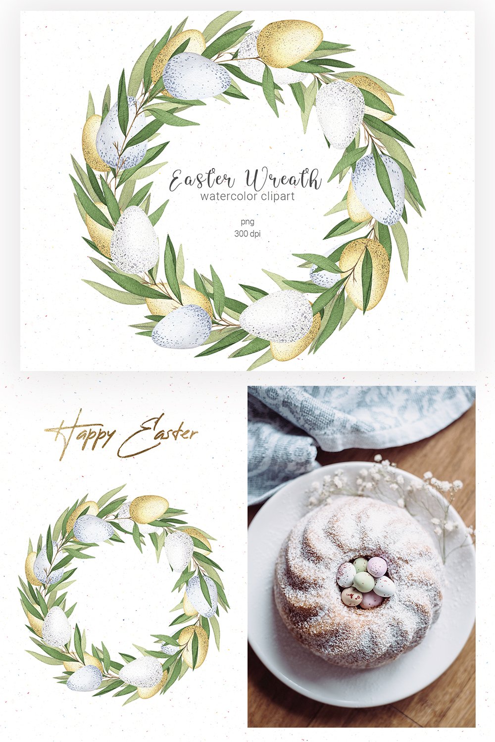 Watercolor Easter floral eggs wreath clipart / sublimation