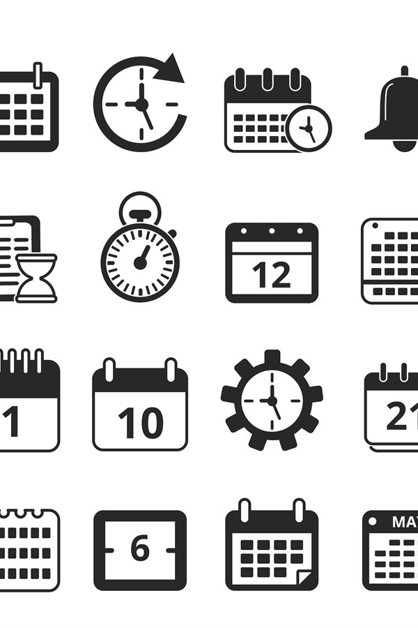 Different monochrome symbols of time management. Vector icon