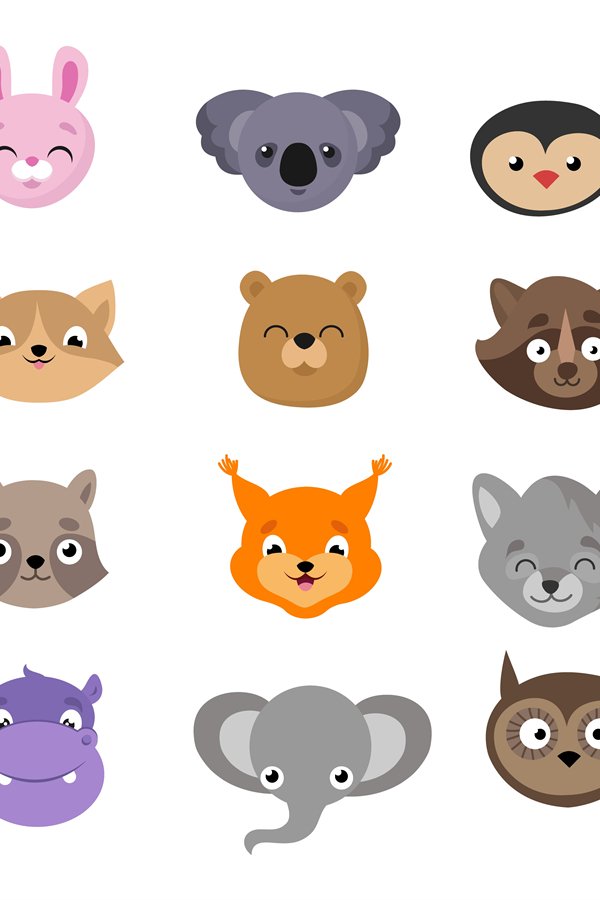 Cute animal avatars. Animals heads, exotic wild lion koala h