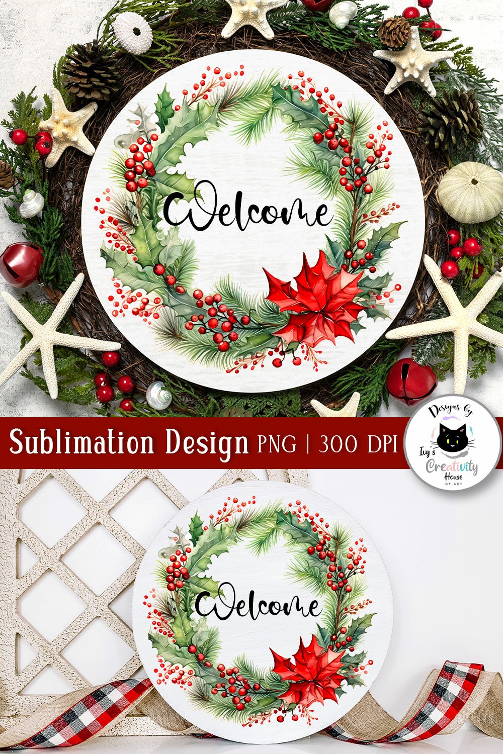 Holly Christmas Wreath PNG Design | Winter Welcome Door Sign
