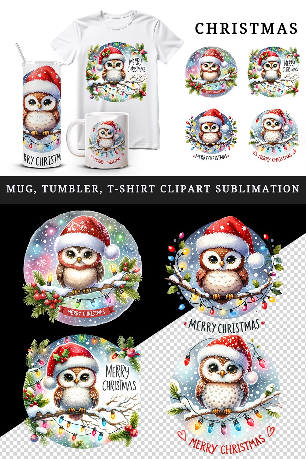 Merry Christmas owl tumbler mug wrap clipart sublimation png