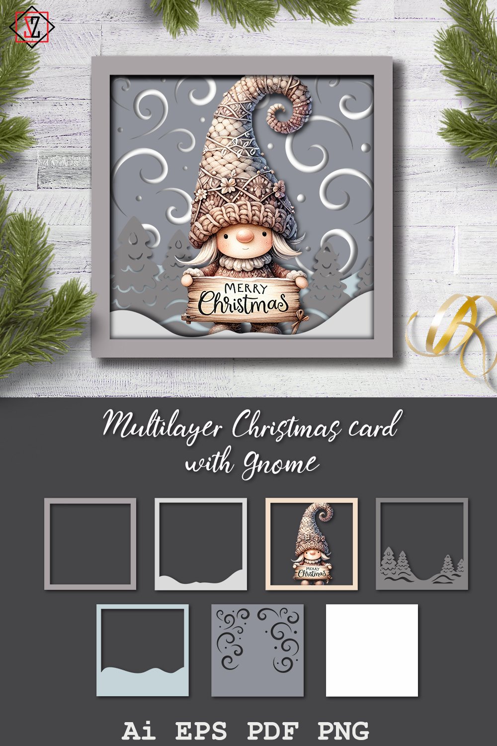 Multilayer Christmas card with Gnome