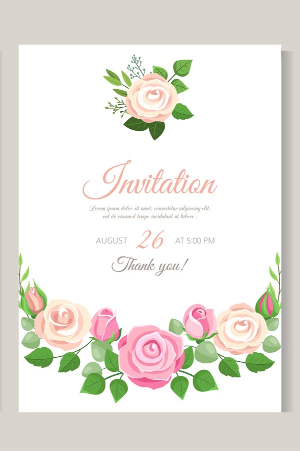 Wedding card with roses. Red, white and pink roses with leav