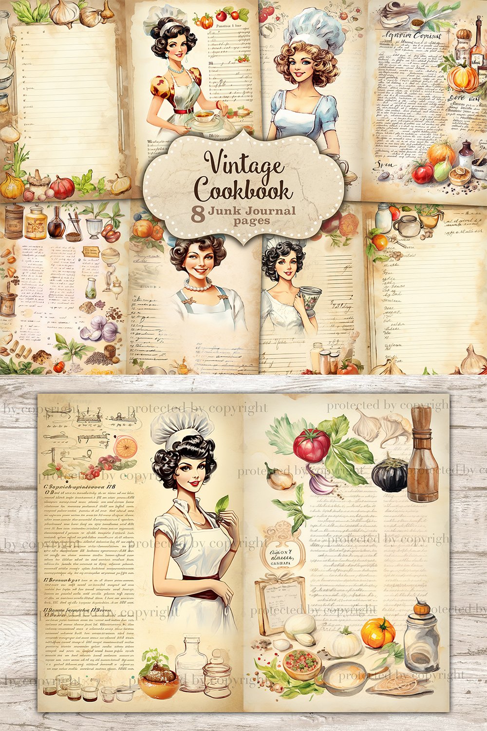 クッキングジャンクジャーナル Vintage Cookbook Junk Journal Page | Food Junk Journal Paper