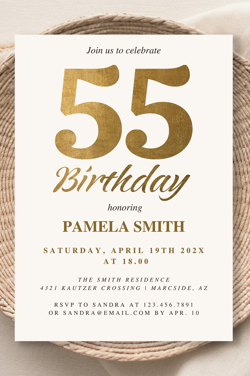 55th birthday invitation template, editable, gold foil faux