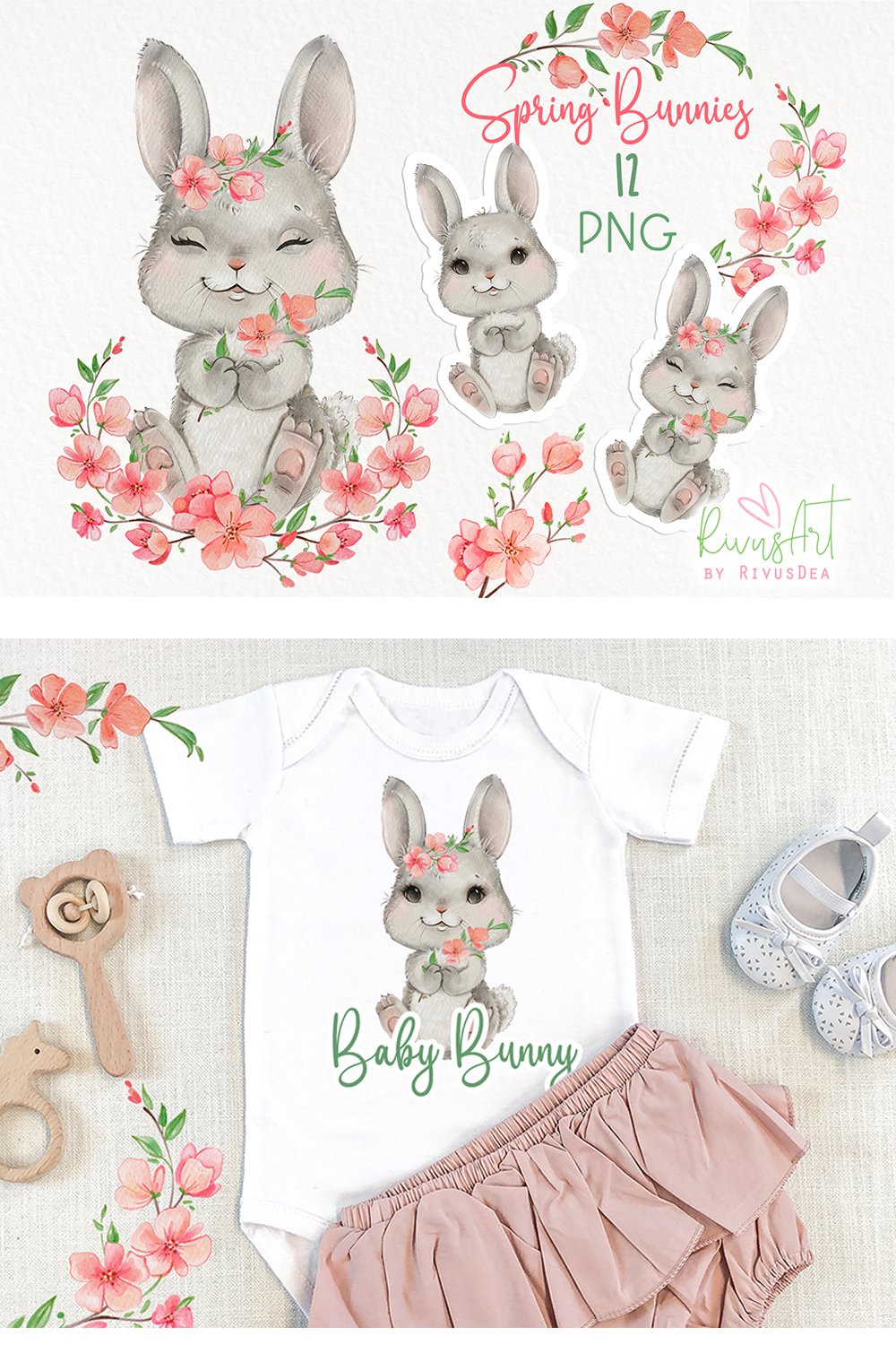 Cute watercolor bunny PNG clipart pack | Spring Easter Bunny