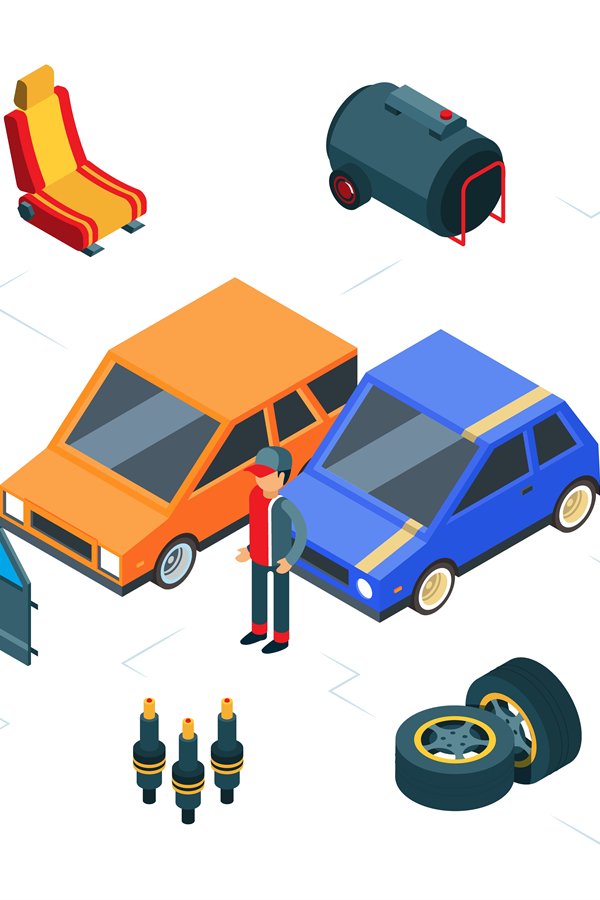 Car repair. Isometric car parts vector concept. Autos, tires