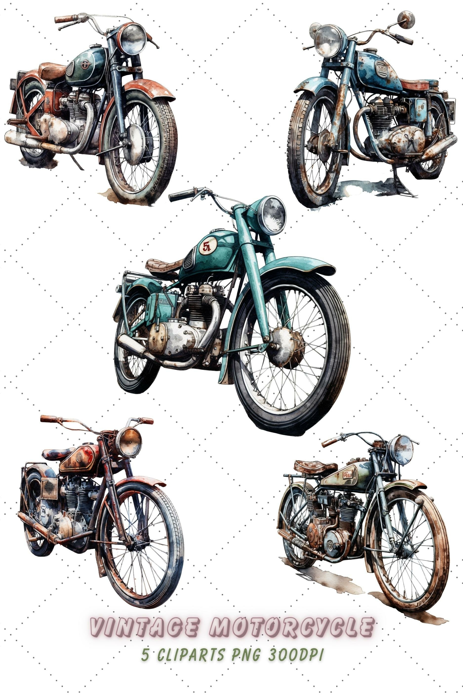 Vintage motorcycle Watercolor Clipart Bundle, Transparent