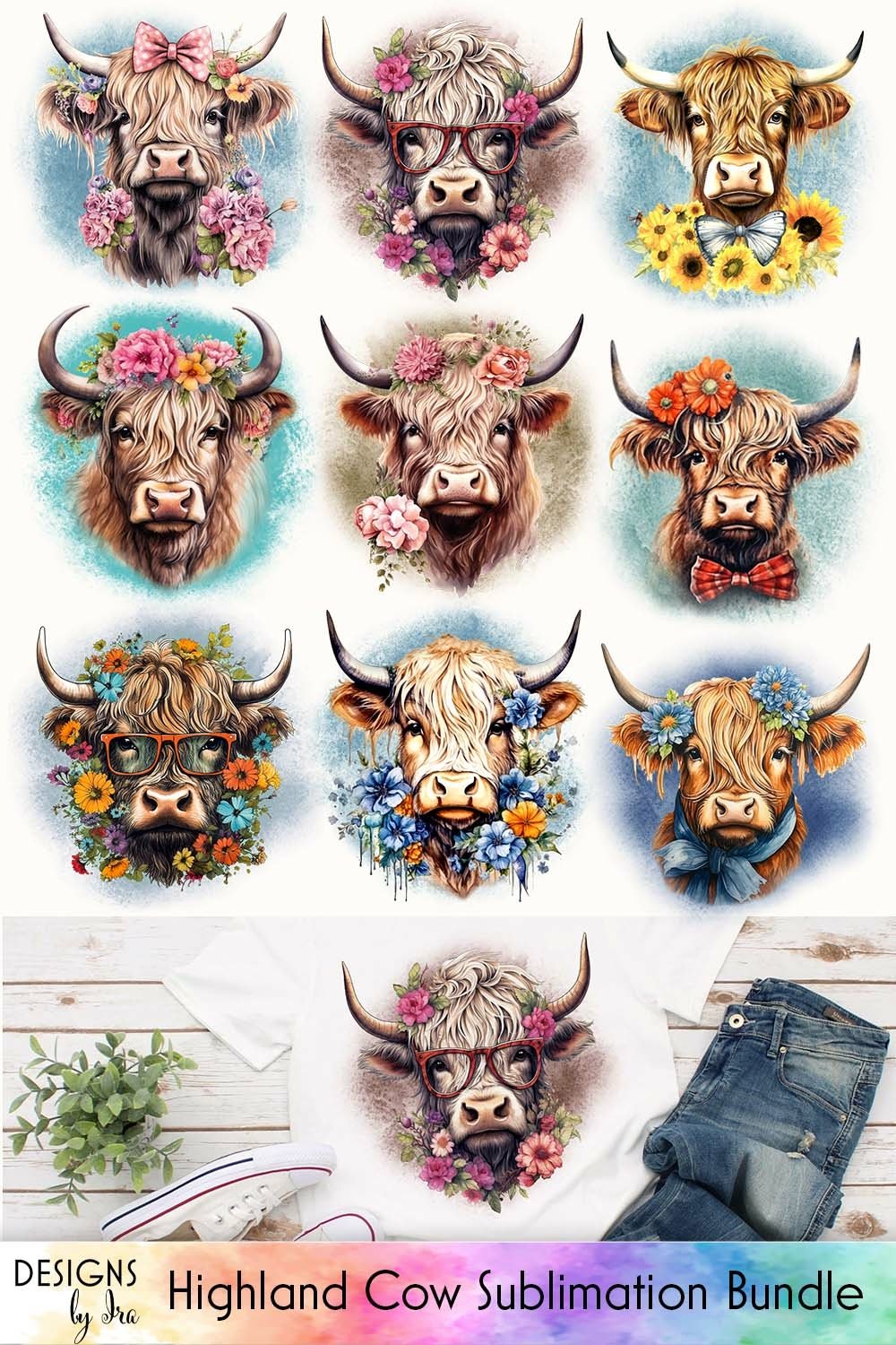 Highland Cow Sublimation Bundle | Cute Heifer With Flowers
