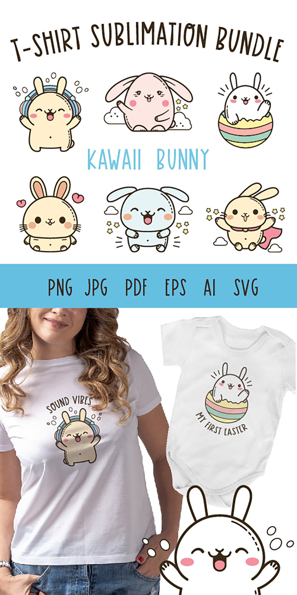 Easter Bunny t shirt sublimation bundle PNG | Kawaii Bunny
