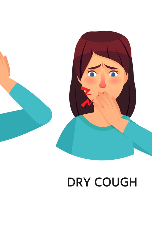 Woman with covid19 symptoms dry cough and sore throat