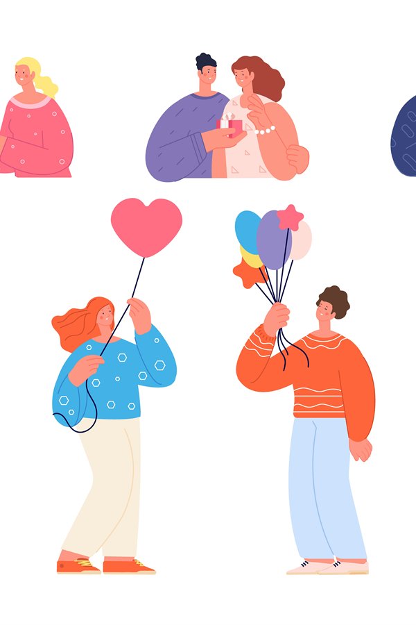 Birthday celebration characters. Woman party, people with ba