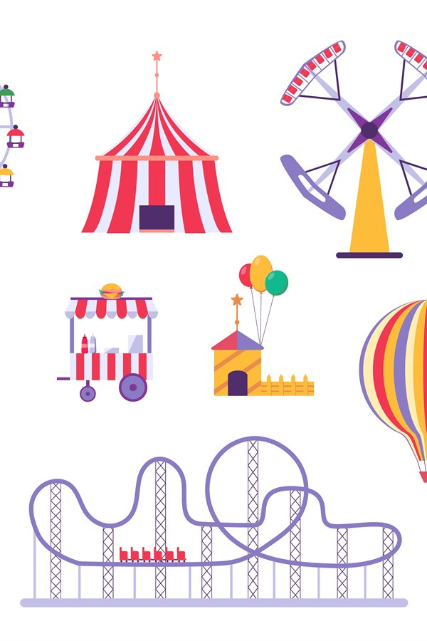 Flat amusement park roller coaster, circus tent and hot air